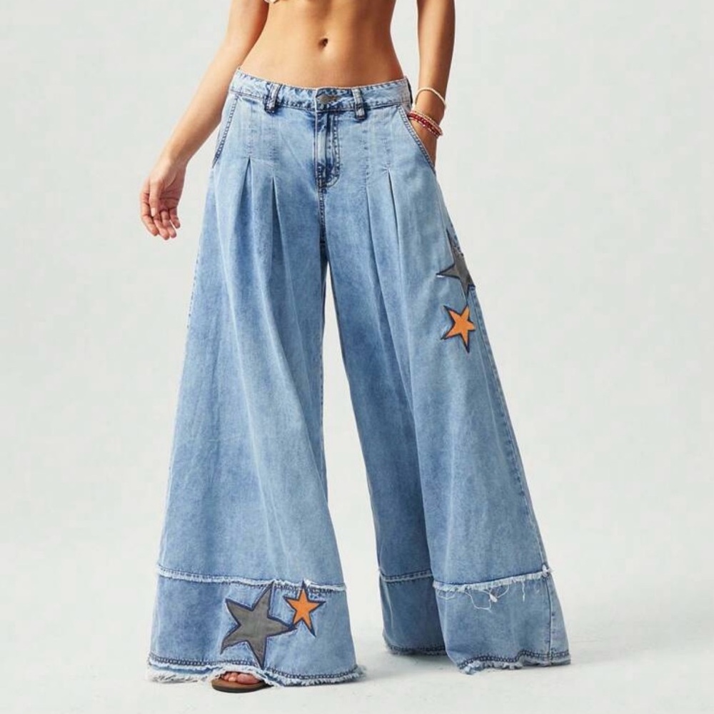 Bohemian Wide Leg Denim Star Patch Jeans S M L